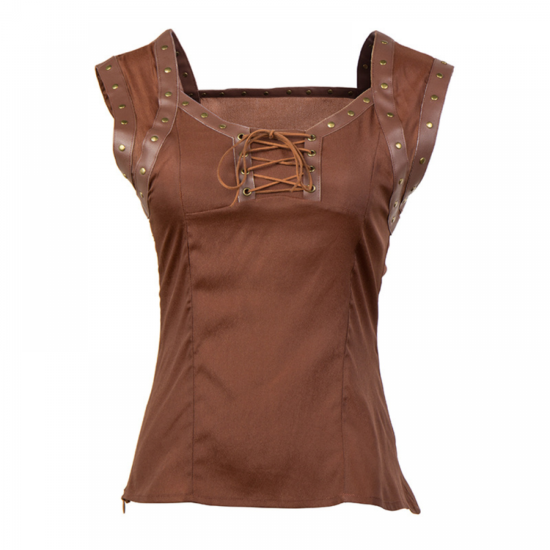 Women Retro Gothic Lace Up Sleeveless Patchwork Crepe Casual Blouse Top - AwwwCos