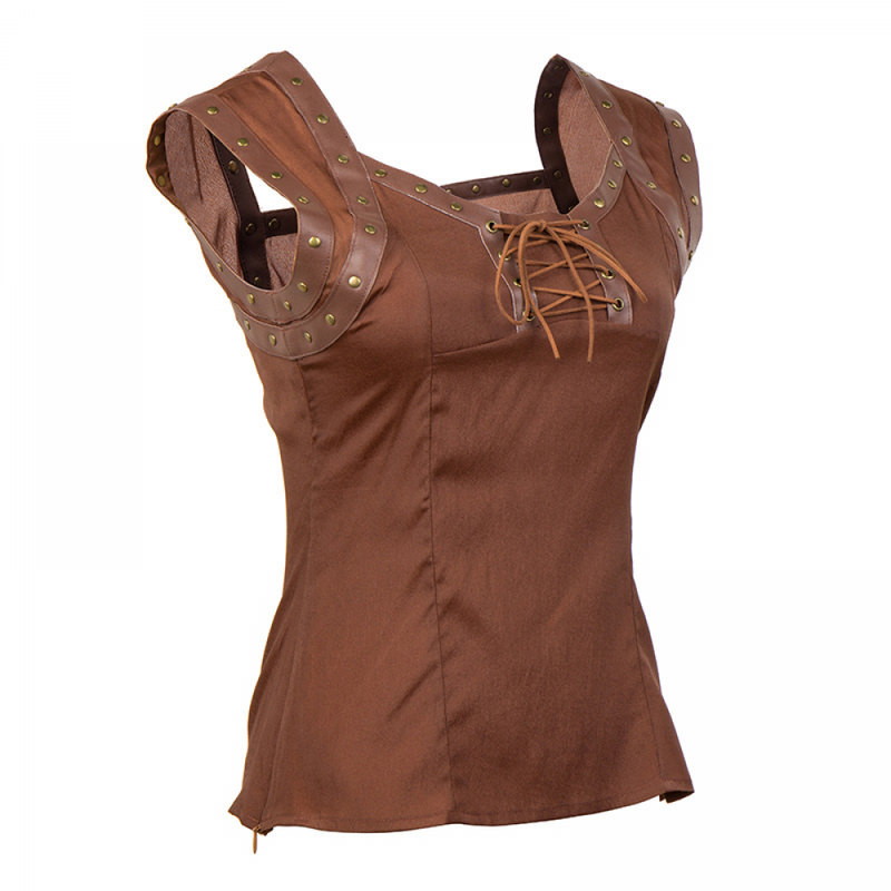 Women Retro Gothic Lace Up Sleeveless Patchwork Crepe Casual Blouse Top - AwwwCos