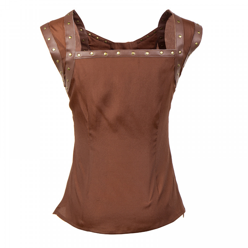 Women Retro Gothic Lace Up Sleeveless Patchwork Crepe Casual Blouse Top - AwwwCos