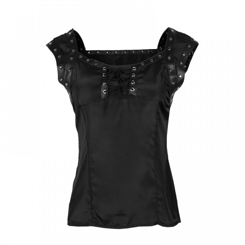 Women Retro Gothic Lace Up Sleeveless Patchwork Crepe Casual Blouse Top - AwwwCos
