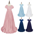 Women Satin Sash Ruffled Puff Sleeve Empire Waist Dress Tea Party Gown - AwwwCos