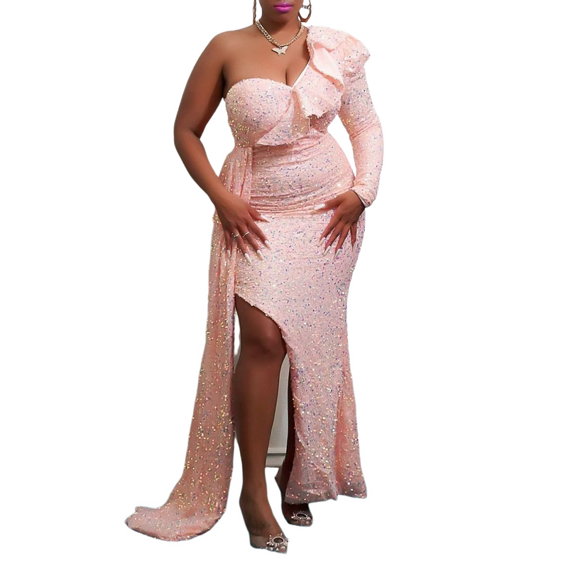 Women Sequin Party Gown One Shoulder Sparkly Glitter Cocktail Maxi Dress