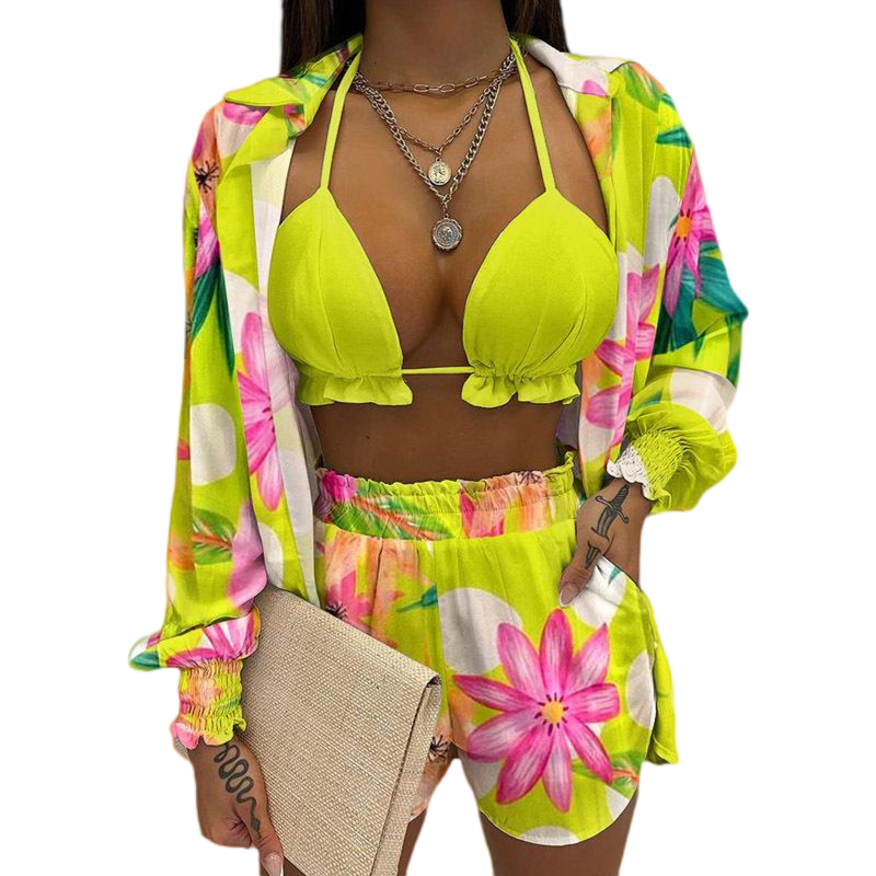 Women Sexy Three-piece Spring Beach Swimsuit Fashion Shorts Suit