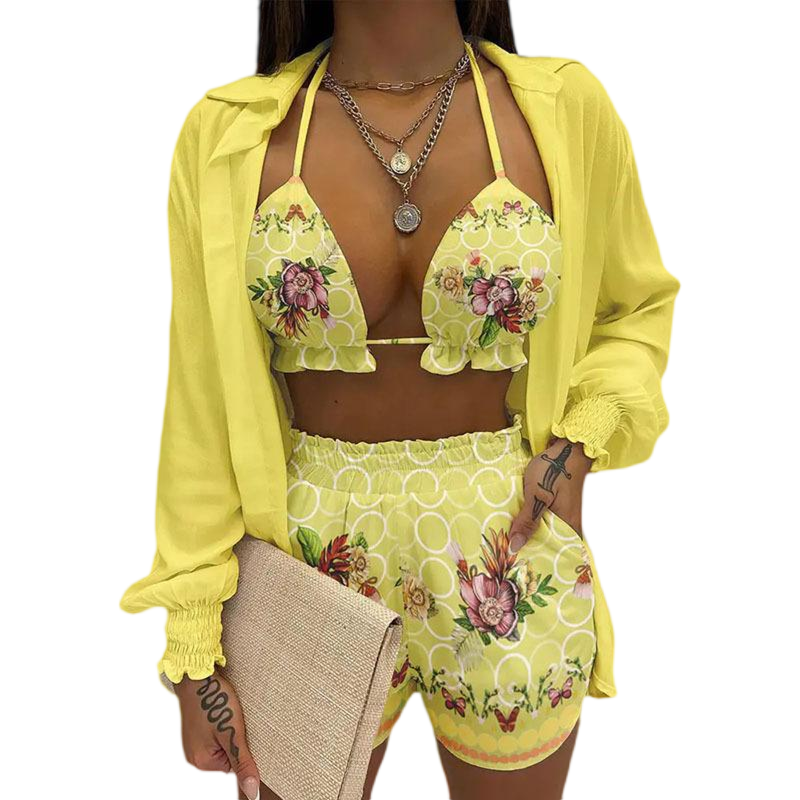 Women Sexy Three-piece Spring Beach Swimsuit Fashion Shorts Suit
