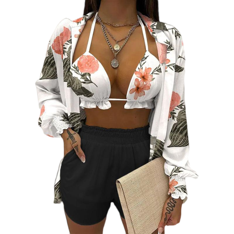 Women Sexy Three-piece Spring Beach Swimsuit Fashion Shorts Suit