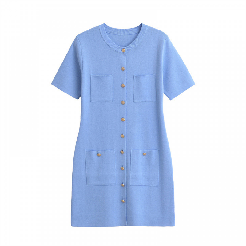 Women Short Sleeve Sweater Button Down Crewneck Ribbed Knit Mini Dress