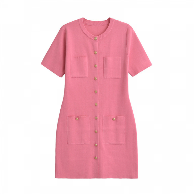 Women Short Sleeve Sweater Button Down Crewneck Ribbed Knit Mini Dress