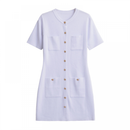 Women Short Sleeve Sweater Button Down Crewneck Ribbed Knit Mini Dress