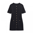 Women Short Sleeve Sweater Button Down Crewneck Ribbed Knit Mini Dress