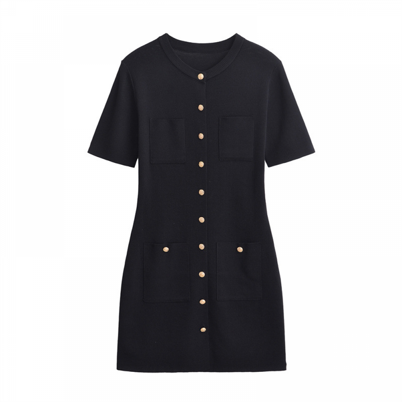 Women Short Sleeve Sweater Button Down Crewneck Ribbed Knit Mini Dress