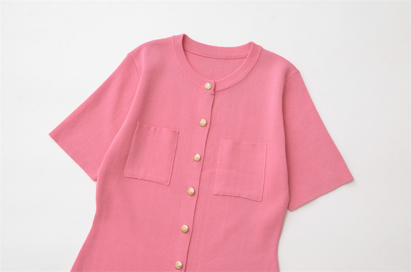 Women Short Sleeve Sweater Button Down Crewneck Ribbed Knit Mini Dress