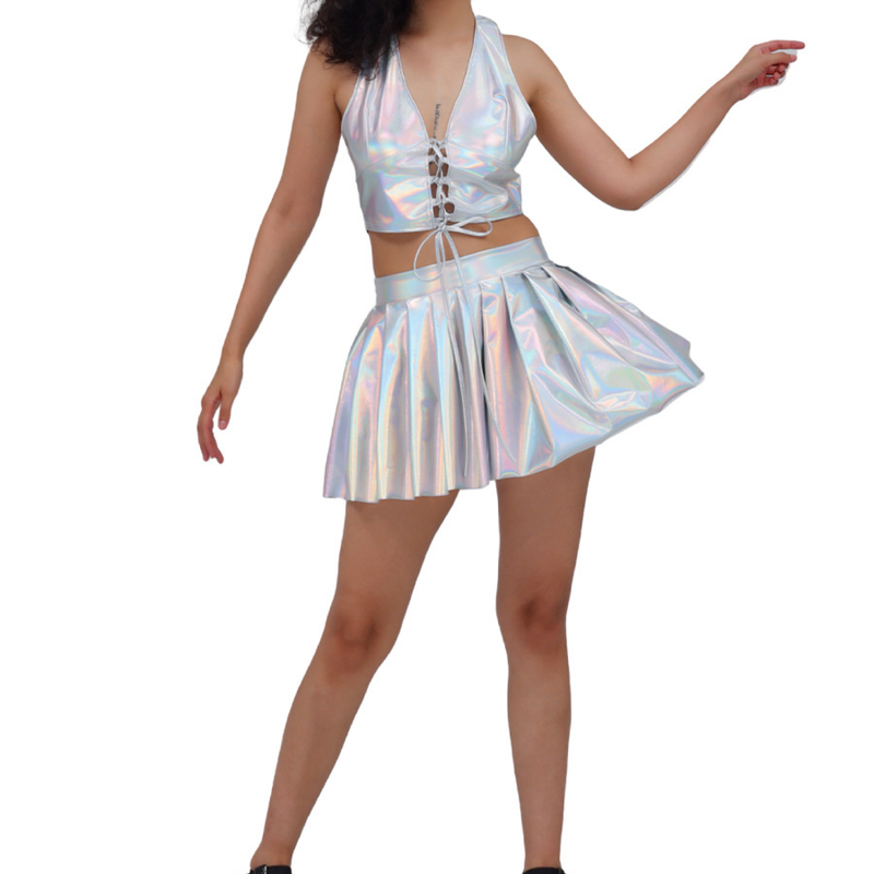 Women Spice Girls Patent Leather Nightclub Halter Vest Pleated Skirt