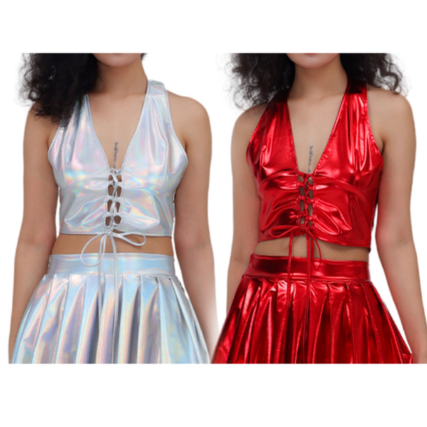 Women Spice Girls Patent Leather Nightclub Halter Vest Pleated Skirt