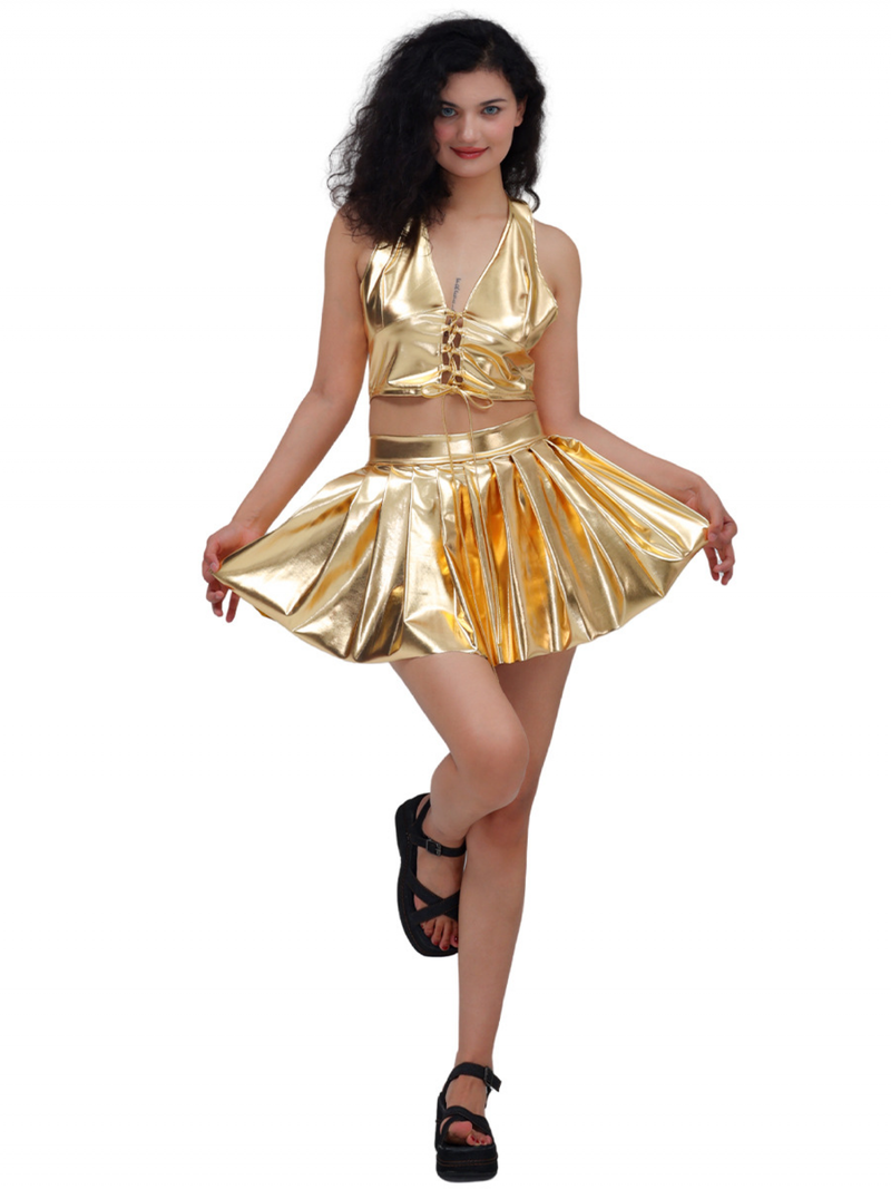 Women Spice Girls Patent Leather Nightclub Halter Vest Pleated Skirt