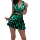 Women Spice Girls Patent Leather Nightclub Halter Vest Pleated Skirt - AwwwCos