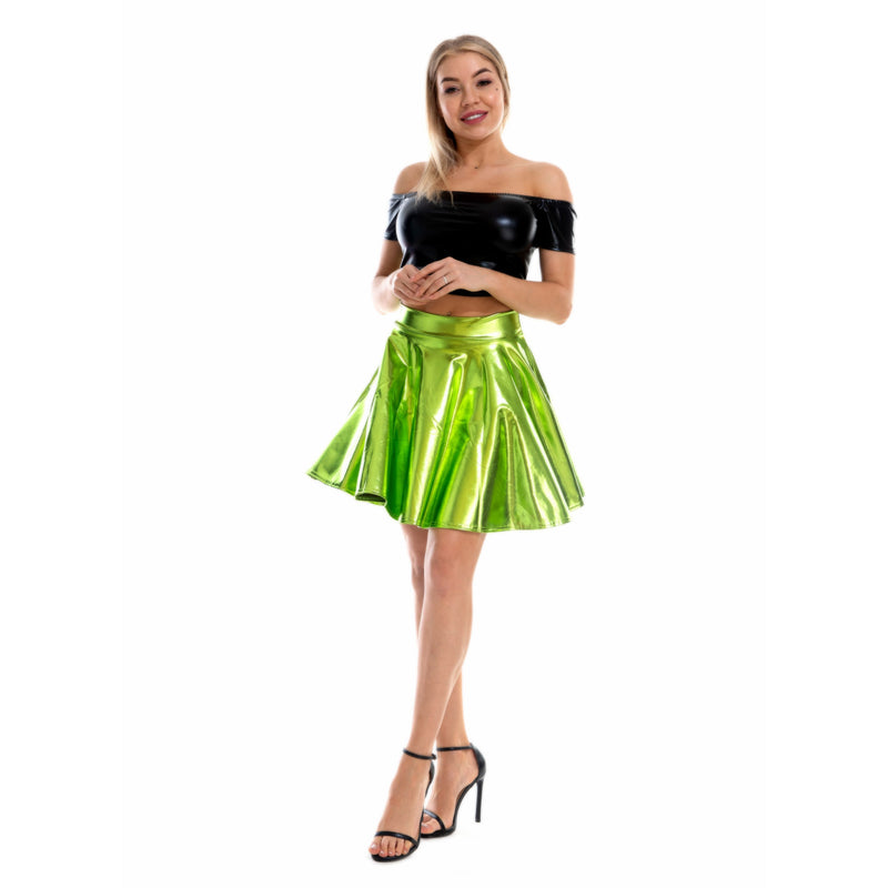 Women Spice Girls Shiny Faux Leather Nightclub Off Shoulder Vest Mini Skirt