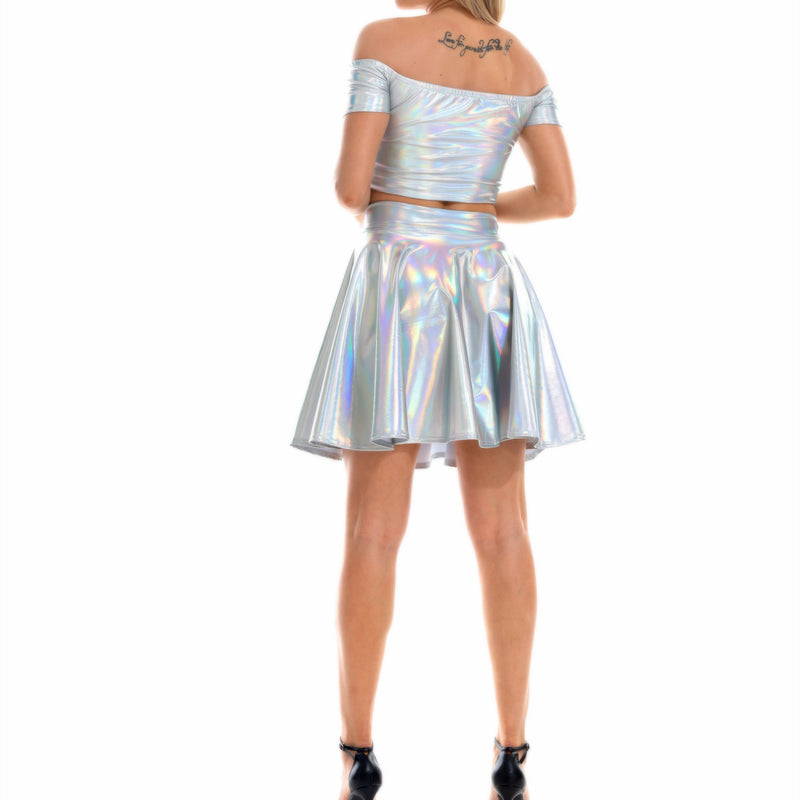 Women Spice Girls Shiny Faux Leather Nightclub Off Shoulder Vest Mini Skirt
