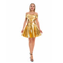 Women Spice Girls Shiny Faux Leather Nightclub Off Shoulder Vest Mini Skirt - AwwwCos
