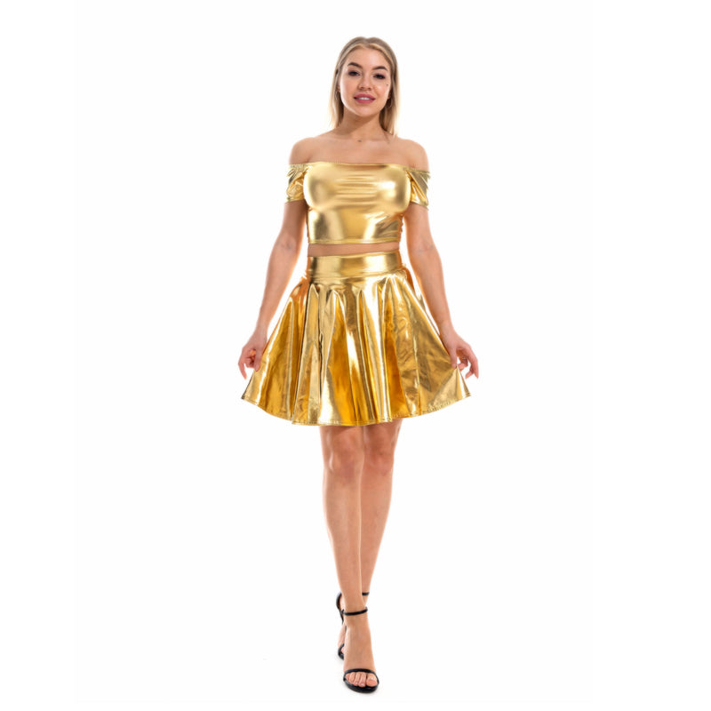 Women Spice Girls Shiny Faux Leather Nightclub Off Shoulder Vest Mini Skirt
