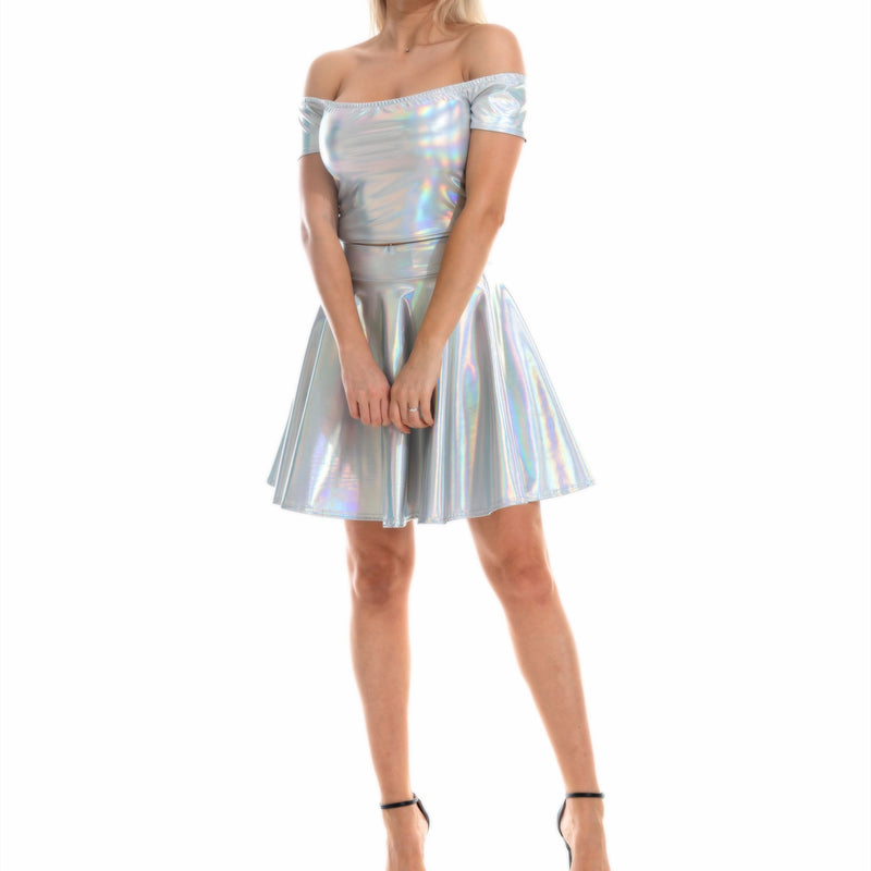 Women Spice Girls Shiny Faux Leather Nightclub Off Shoulder Vest Mini Skirt