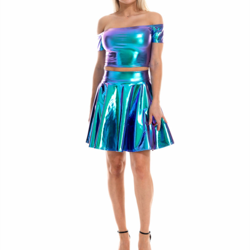 Women Spice Girls Shiny Faux Leather Nightclub Off Shoulder Vest Mini Skirt