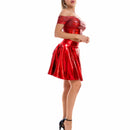 Women Spice Girls Shiny Faux Leather Nightclub Off Shoulder Vest Mini Skirt - AwwwCos