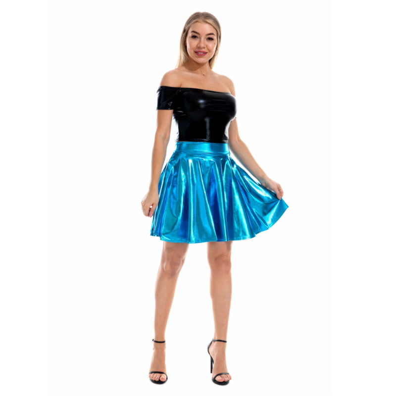 Women Spice Girls Shiny Faux Leather Nightclub Off Shoulder Vest Mini Skirt