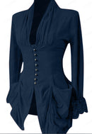 Women Spring Solid Color Elegant V-Neck Single Breasted Long Sleeve Top - AwwwCos