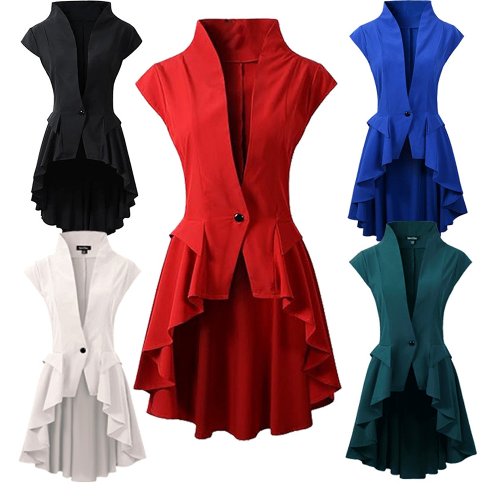 Women Steampunk Cosplay Jackets Tailcoat Cap Sleeve Coat Deep V Neck T