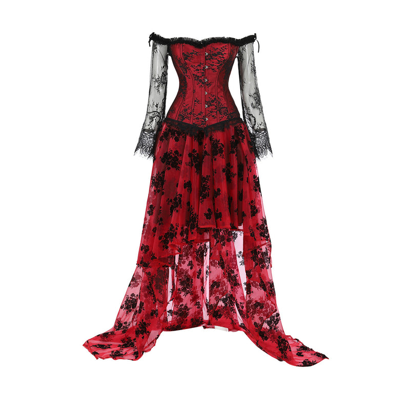 Women Steampunk Victorian Off Shoulder Corset Top High Low Dress