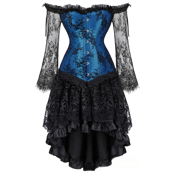 Women Steampunk Victorian Off Shoulder Corset Top High Low Dress