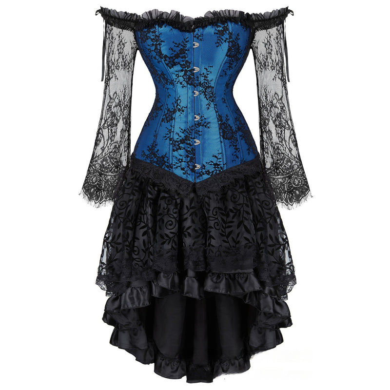 Women Steampunk Victorian Off Shoulder Corset Top High Low Dress