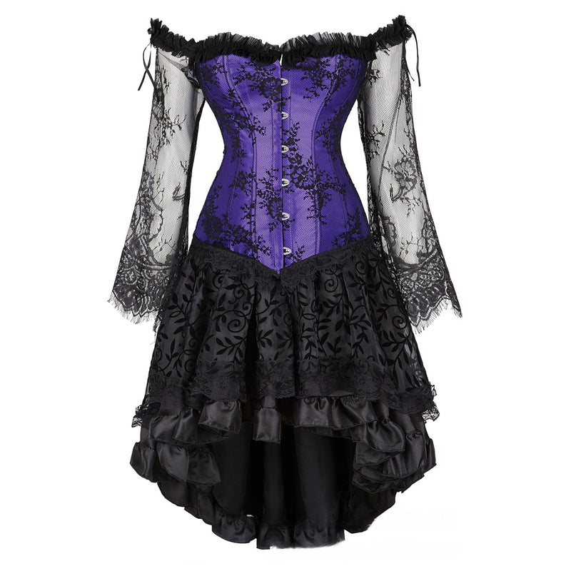 Women Steampunk Victorian Off Shoulder Corset Top High Low Dress