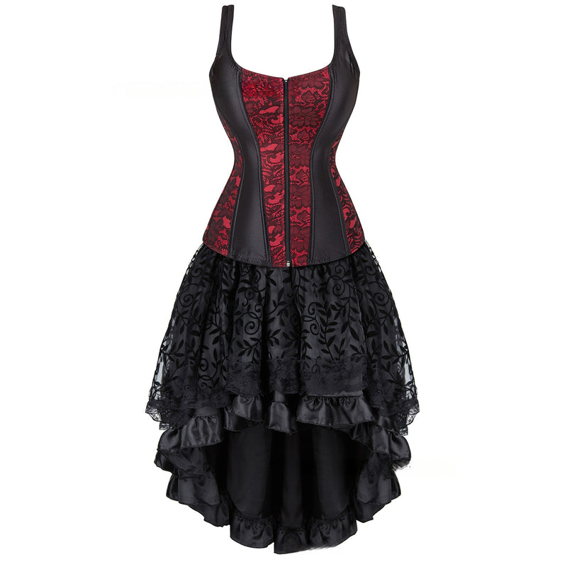 Women Steampunk Victorian Spaghetti Strap Corset High Low Lace Dress