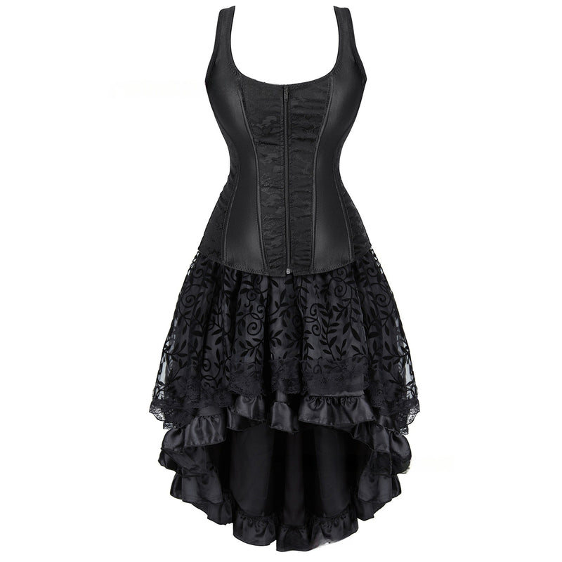 Women Steampunk Victorian Spaghetti Strap Corset High Low Lace Dress