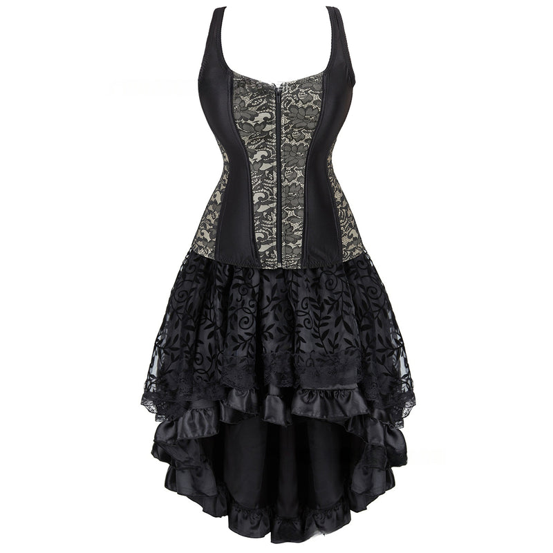 Women Steampunk Victorian Spaghetti Strap Corset High Low Lace Dress