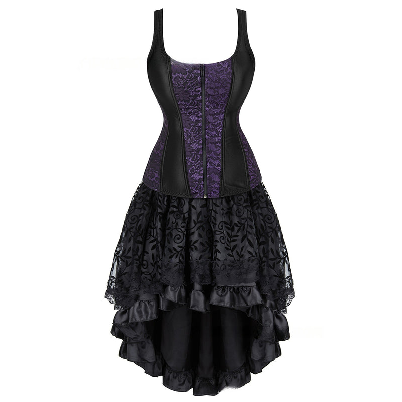 Women Steampunk Victorian Spaghetti Strap Corset High Low Lace Dress