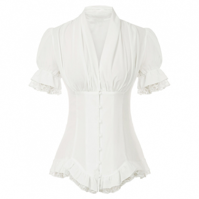 Women Summer Short Sleeve Shirt Dressy Victorian Blouse Lace Up Top - AwwwCos
