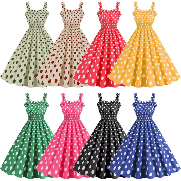 Women Suspender Party Casual Hepburn Style Polka Dot Print Dress - AwwwCos