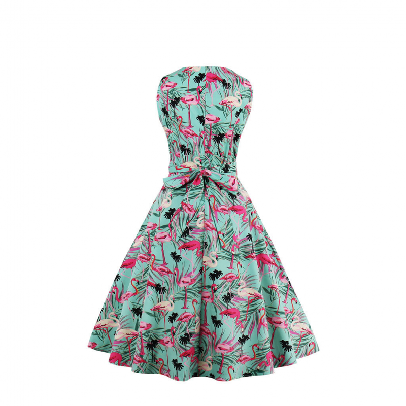 Women Tropical Leaf Flamingo Hepburn 1950s Vintage Swing Dress