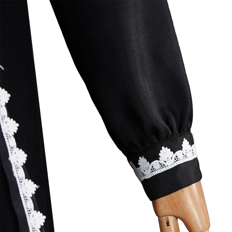 Women Turkish Abaya Muslim Cosplay Costume Black Dress White Lace Trim Robe - AwwwCos