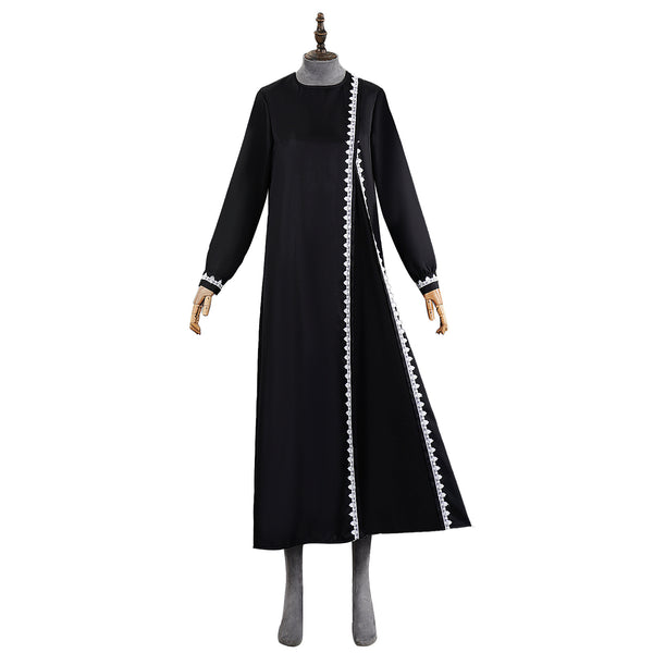 Women Turkish Abaya Muslim Cosplay Costume Black Dress White Lace Trim Robe - AwwwCos