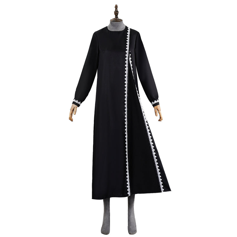 Women Turkish Abaya Muslim Cosplay Costume Black Dress White Lace Trim Robe - AwwwCos