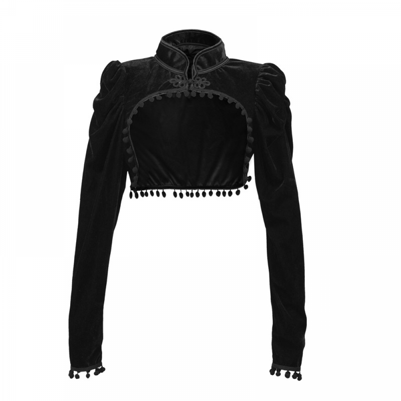 Women Vintage Gothic Top Black Shrug Velvet Ruffle Sleeve Shawls - AwwwCos