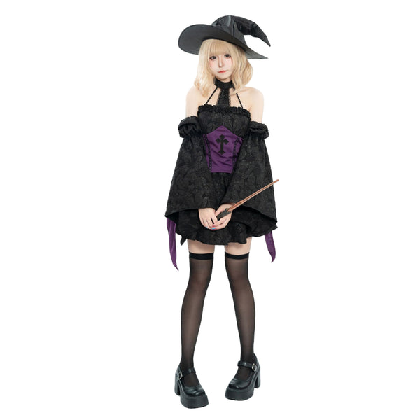 Women Witch Cosplay Costume Purple Sleeveless Corset Mini Dress Hat