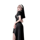 Women Gothic Nun Nurse Cosplay Costume Dark Religious Midi Slit Dress Lace Veil