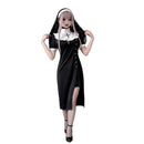 Women Gothic Nun Nurse Cosplay Costume Dark Religious Midi Slit Dress Lace Veil