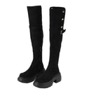 Women Knee High Boots Chunky Heeled Suede Cowgirl Cosplay Biker Boots - AwwwCos