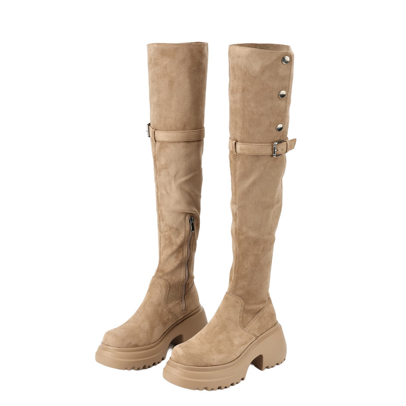Women Knee High Boots Chunky Heeled Suede Cowgirl Cosplay Biker Boots - AwwwCos