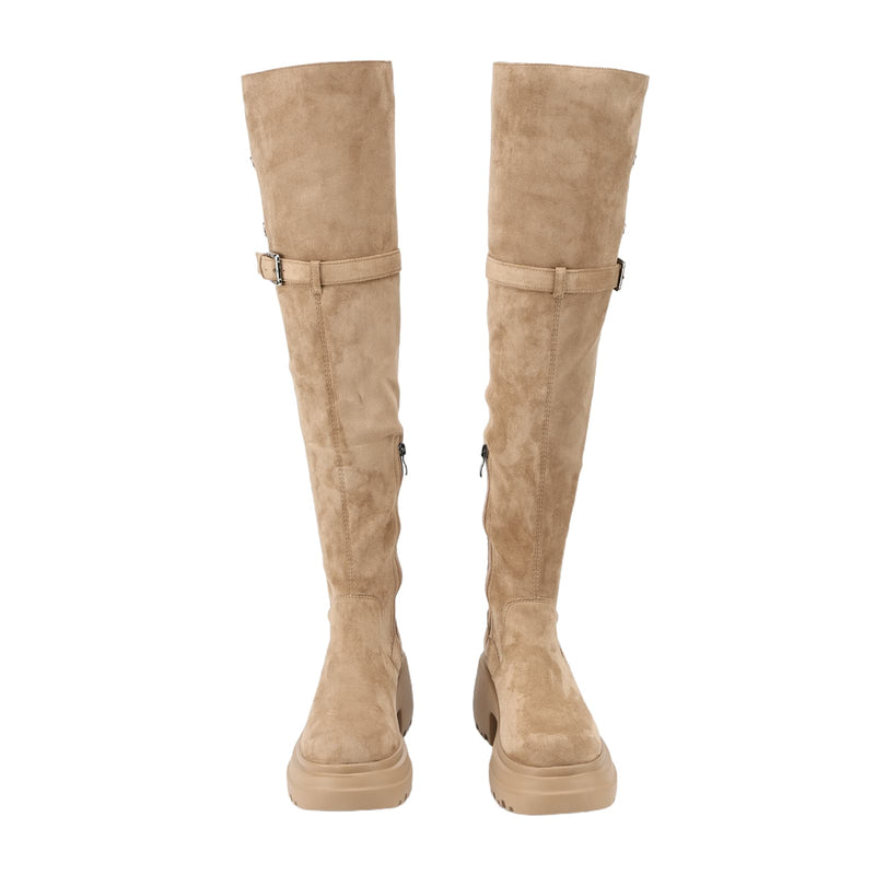 Women Knee High Boots Chunky Heeled Suede Cowgirl Cosplay Biker Boots - AwwwCos